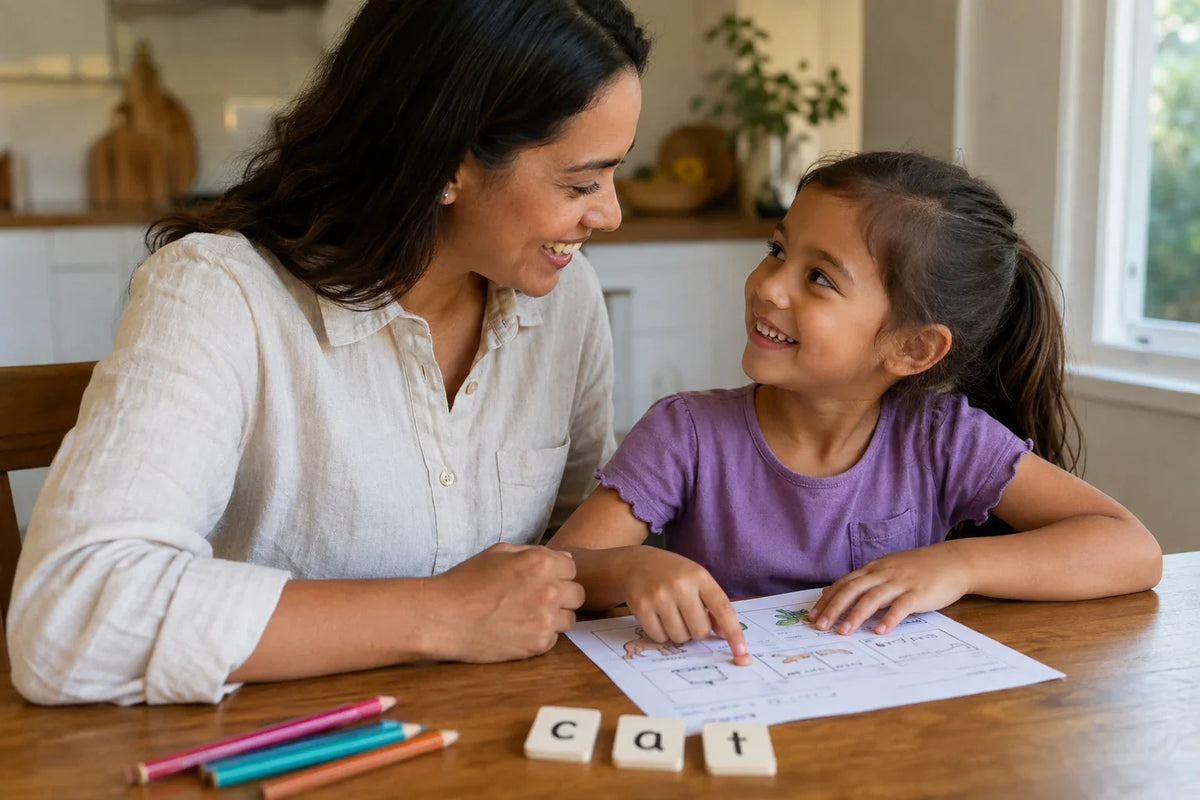 Illustrative parent and child sharing a reading activity