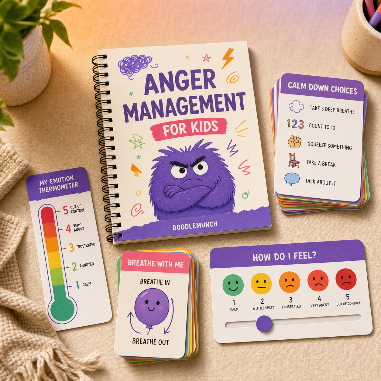 DoodleMunch Anger Management for Kids printed workbook and activity cards