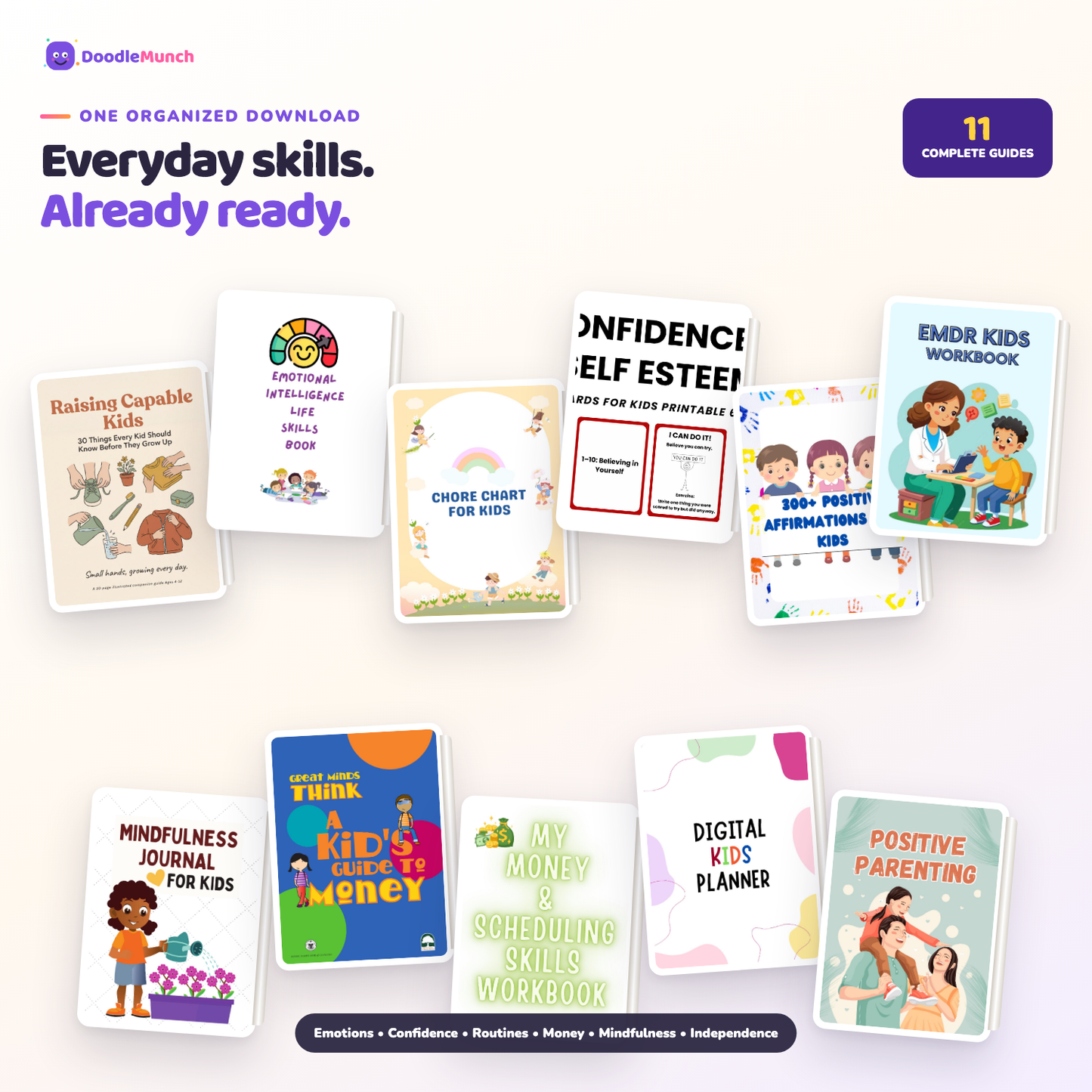 Eleven complete printable life skills guides in one organized DoodleMunch download