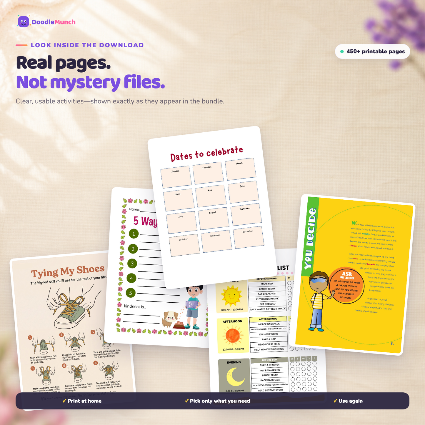 Actual printable pages included in the DoodleMunch Kids Life Skills Bundle