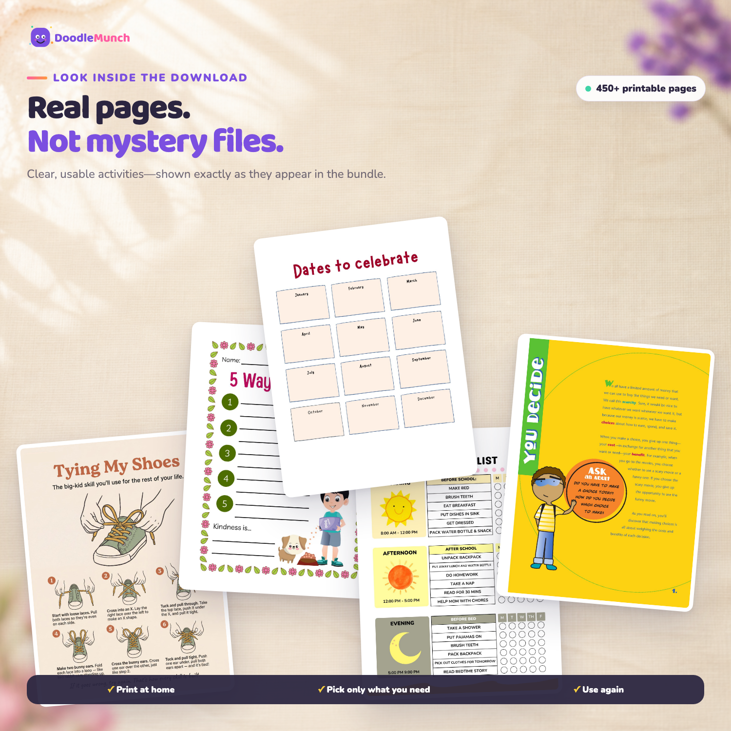 Actual printable pages included in the DoodleMunch Kids Life Skills Bundle