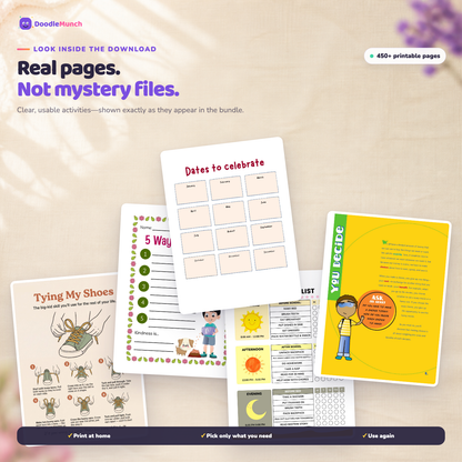 Actual printable pages included in the DoodleMunch Kids Life Skills Bundle