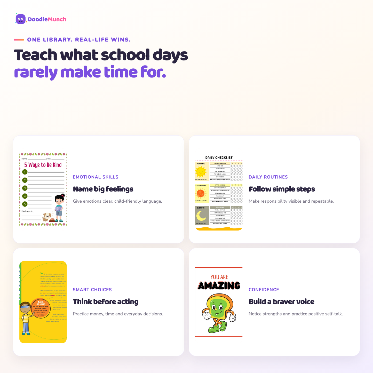 Four practical outcomes supported by DoodleMunch printable activities