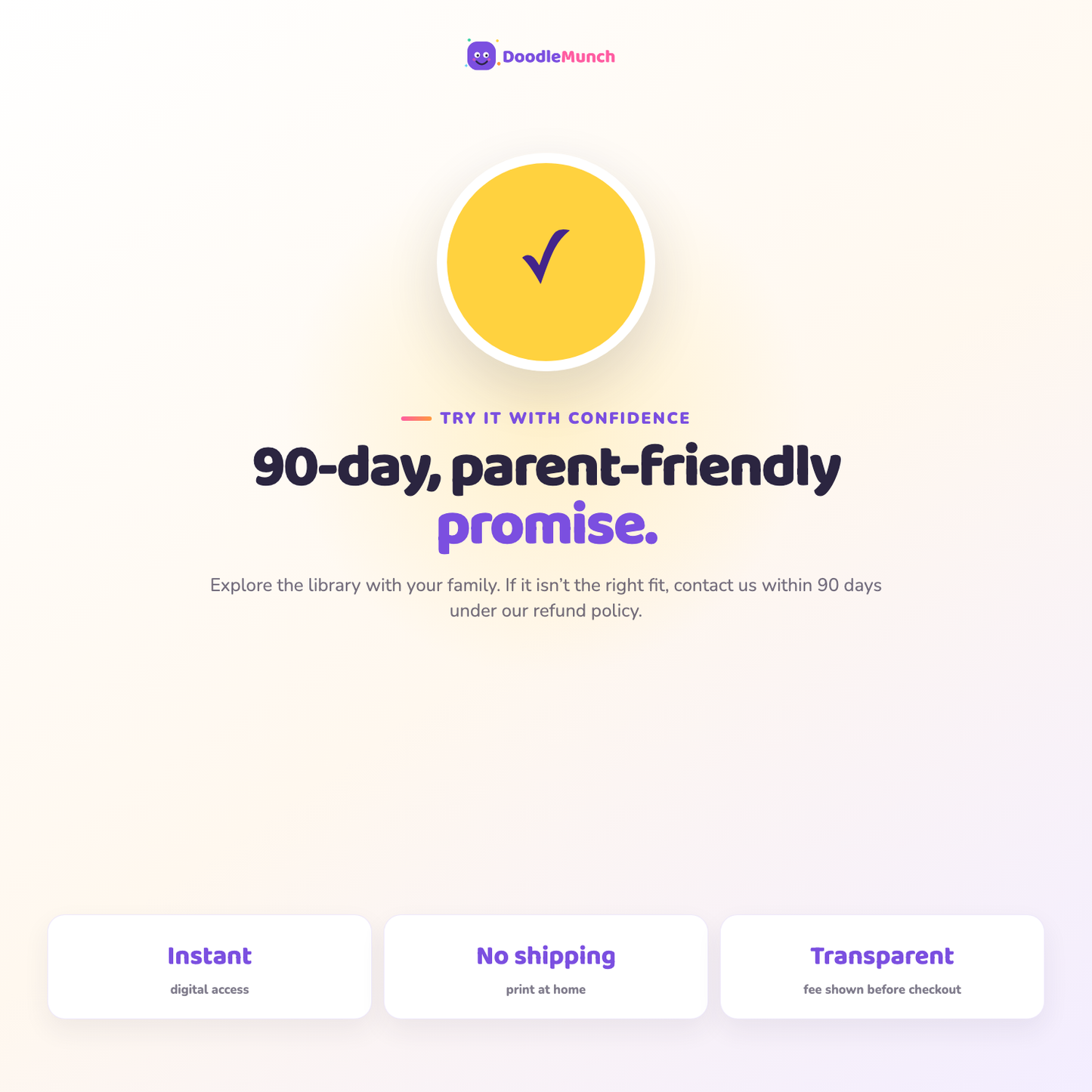 DoodleMunch 90-day parent-friendly promise and digital delivery details