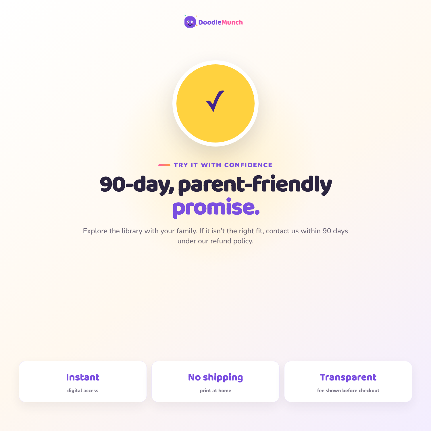 DoodleMunch 90-day parent-friendly promise and digital delivery details