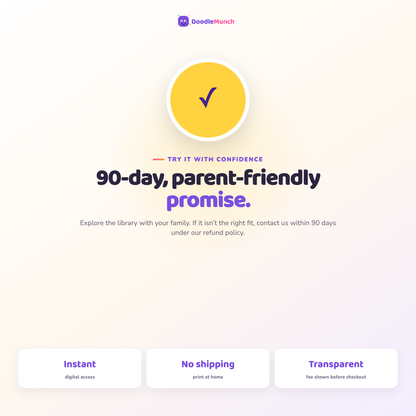 DoodleMunch 90-day parent-friendly promise and digital delivery details