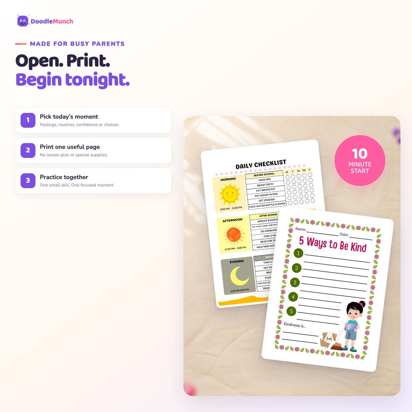 Three simple steps to use one DoodleMunch printable activity tonight