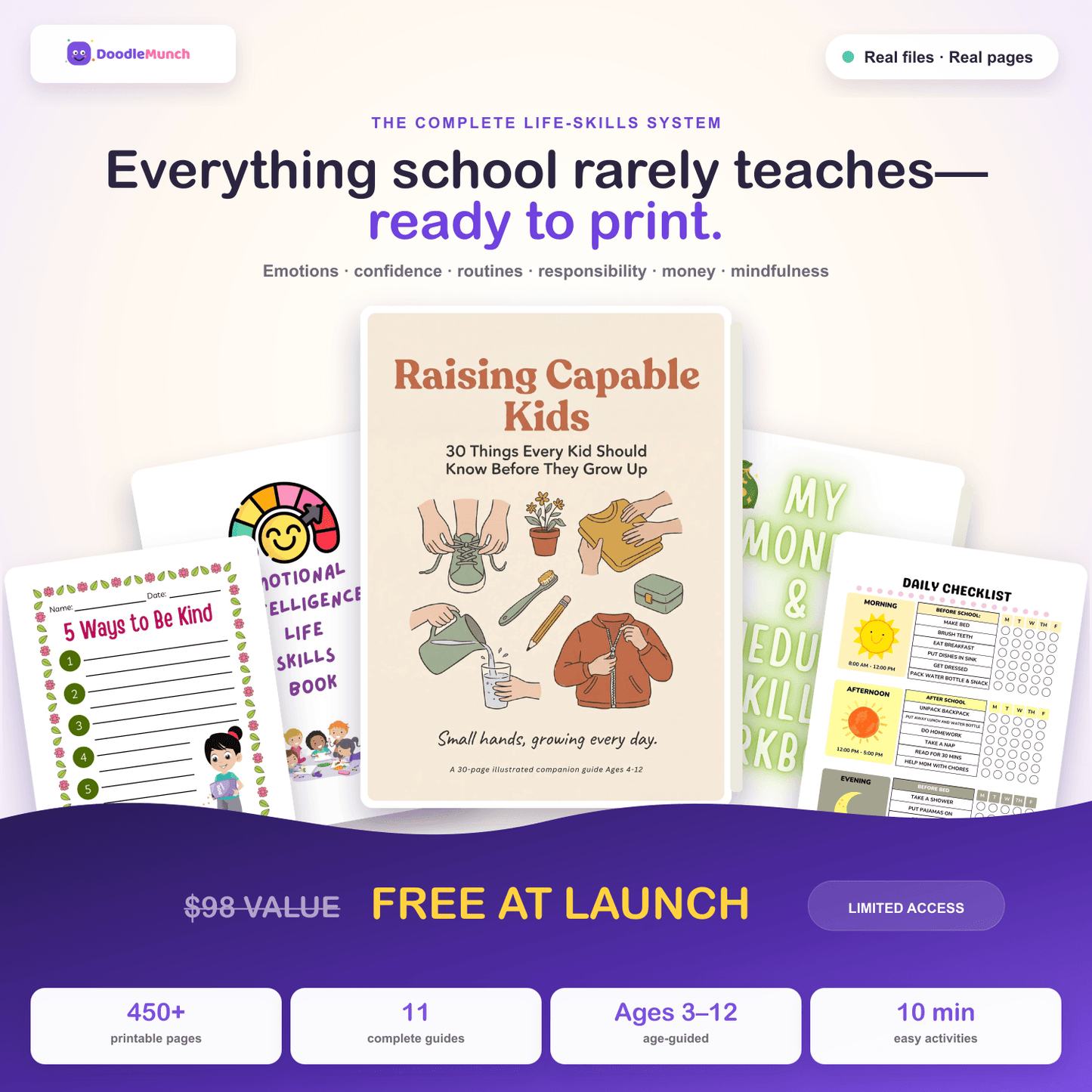 DoodleMunch Kids Life Skills Bundle with real printable pages and complete launch value