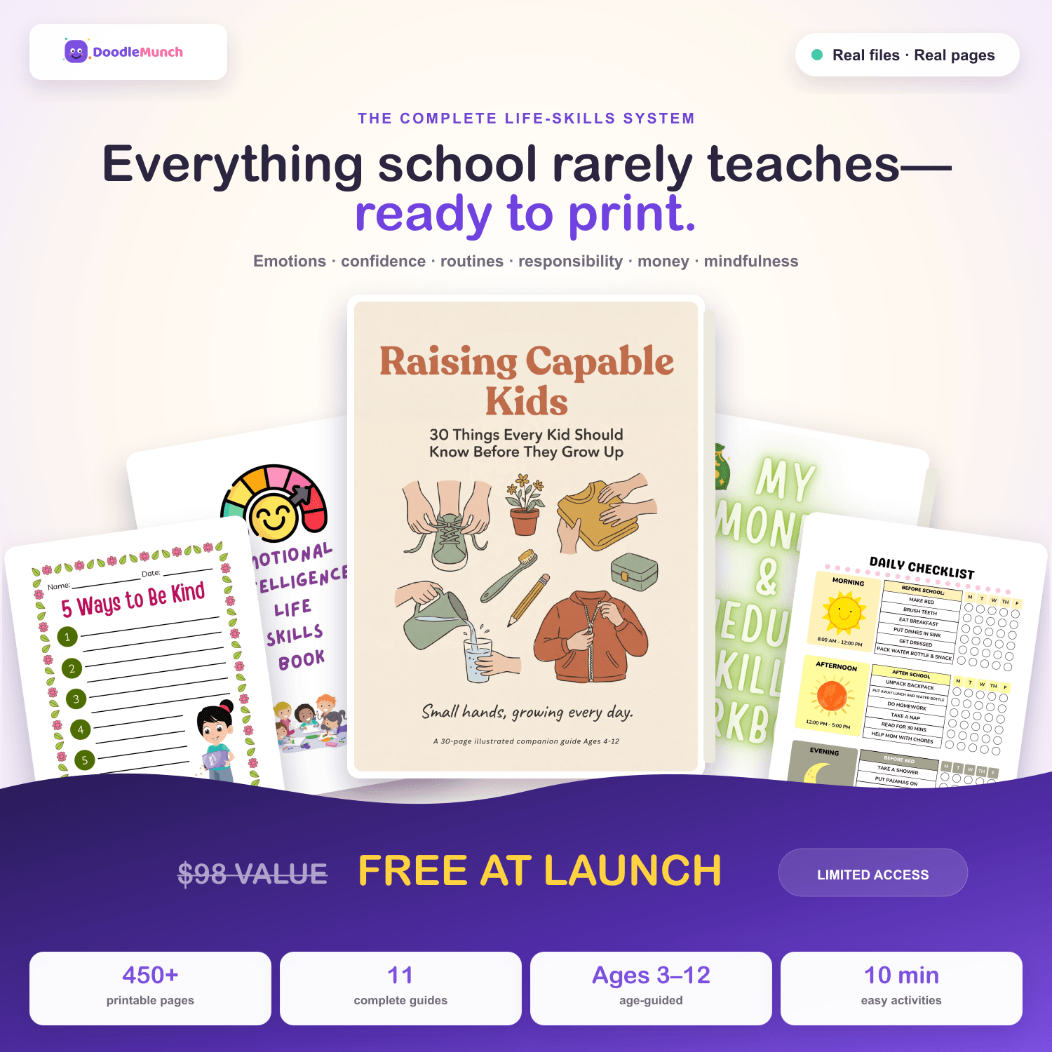DoodleMunch Kids Life Skills Bundle with real printable pages and complete launch value