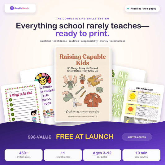 DoodleMunch Kids Life Skills Bundle with real printable pages and complete launch value
