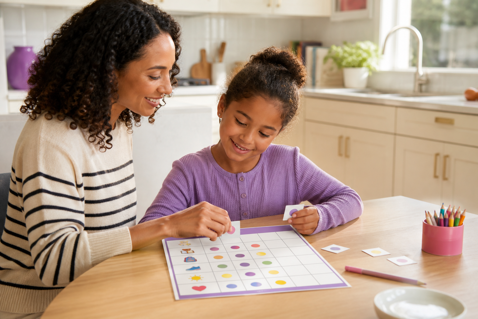 Parent helping a child with a practical routine activity